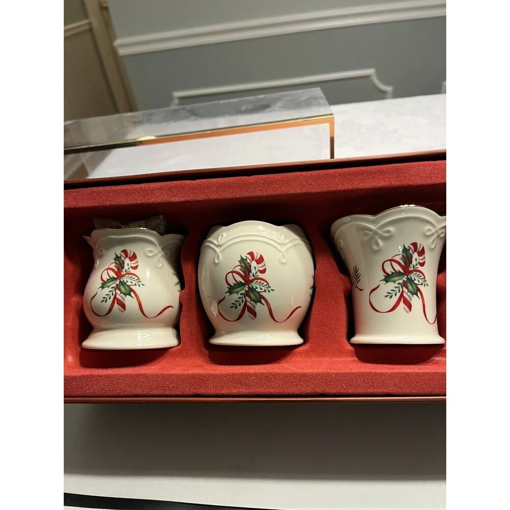 Lenox Christmas Holly Berry Ribbon Candle Holder Set of 3 NIB